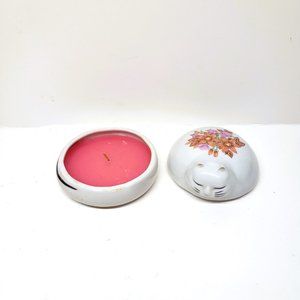 Sleeping Cat Box Pink Candle Trinket Porcelain Brown Flowers Vintage Taiwan